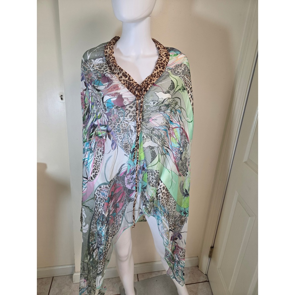 Y2K Letarte Hand Made Silk Leopard Floral Kaftan Swim‎ Cover Up  Large USA Made